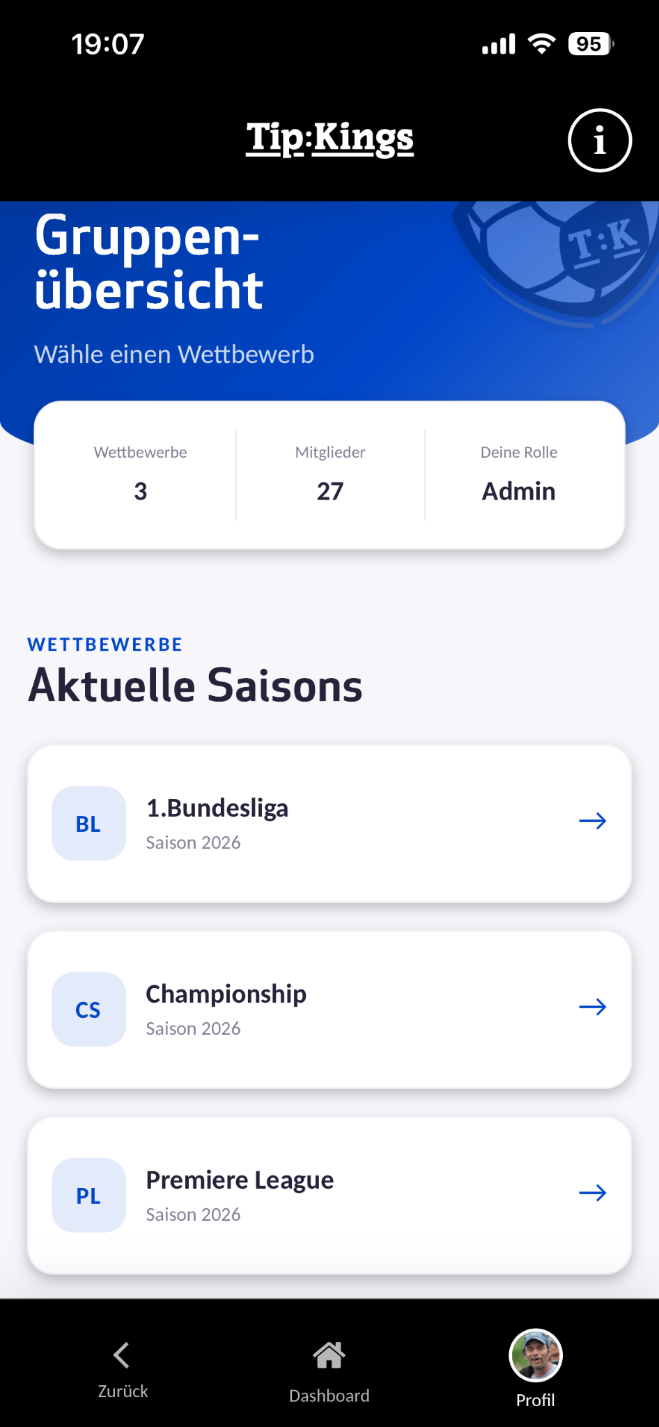 Wettbewerbsübersicht mit Bundesliga, Championship und Premier League