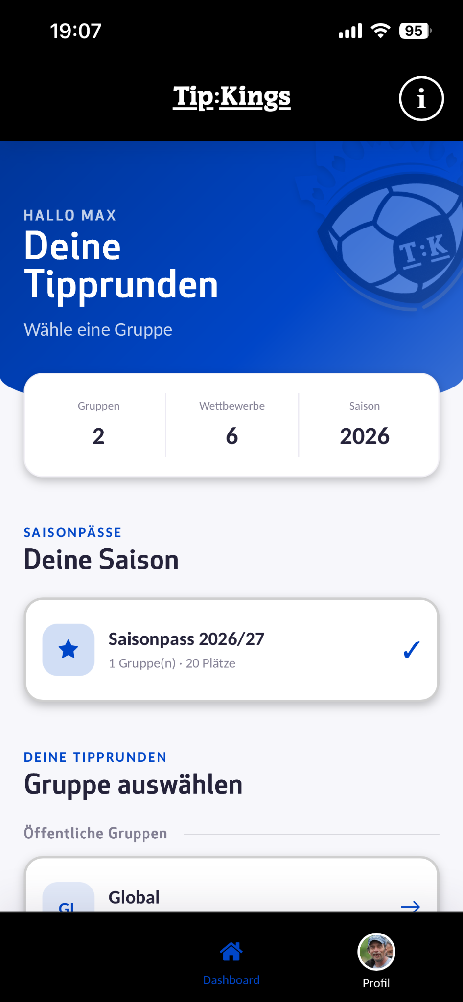 Tip:Kings Dashboard mit Saisonpass und Tipprunden